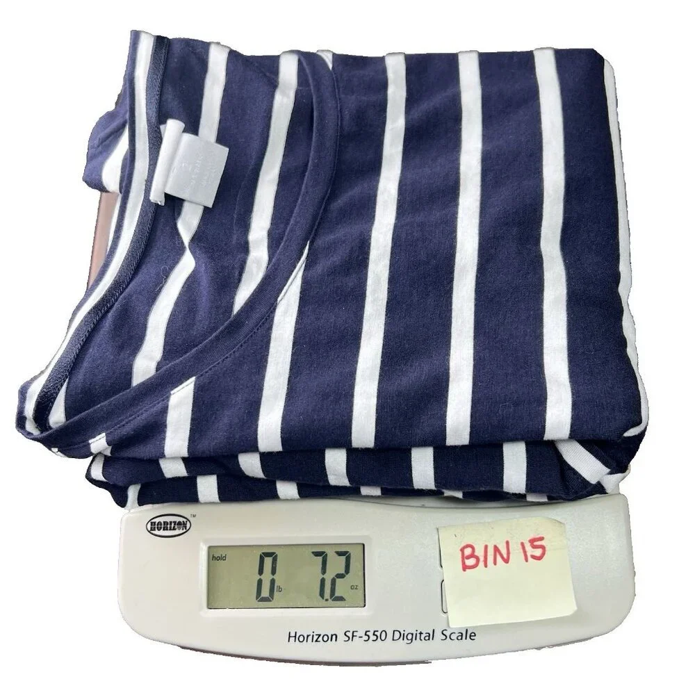 Chico's - Women's L Blouse Navy Blue White Striped Bell Cuffed Boat Neck